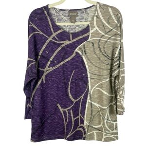 Chico's Cotton Modal Blend Purple Tan Round Neck Abstract 3/4 Sleeve Medium Top